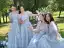 Chic / Belle Bleu Ciel Papillon Appliques Robe Demoiselle D'honneur 2022 Princesse Encolure Carrée Manches Courtes Dos Nu Longue