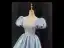 Chic / Beautiful Sky Blue Sequins Prom Dresses 2023 Ball Gown Satin Scoop Neck Puffy Short Sleeve Backless Rhinestone Sash Floor-Length / Long Prom Formal Dresses