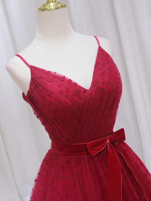 Chic / Belle Tachetée Bordeaux Robe De Bal 2024 Princesse Bretelles Spaghetti Sans Manches Dos Nu Noeud Ceinture Longue Robe De Ceremonie
