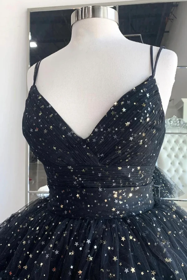 Mode Schwarz Star Pailletten Asymmetrisch Fallende Rüsche Ballkleider 2024 Ballkleid Spaghettiträger Ärmellos Rückenfreies Schleife Ball Festliche Kleider