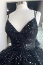 Mode Schwarz Star Pailletten Asymmetrisch Fallende Rüsche Ballkleider 2024 Ballkleid Spaghettiträger Ärmellos Rückenfreies Schleife Ball Festliche Kleider