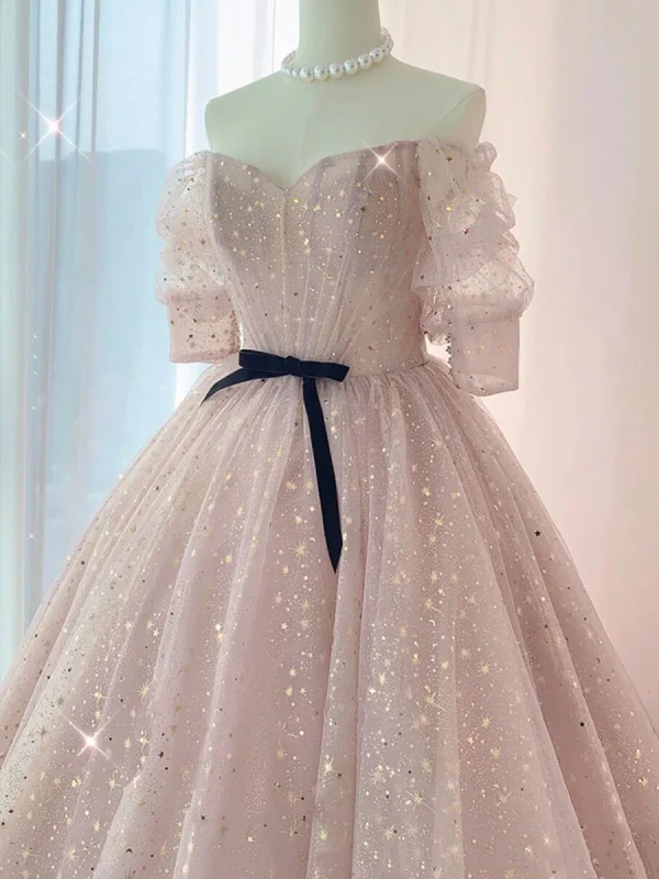 Charmant Rougissant Rose Étoile Paillettes Robe De Bal 2024 Robe Boule De l'épaule Manches Courtes Dos Nu Noeud Ceinture Longue Robe De Ceremonie