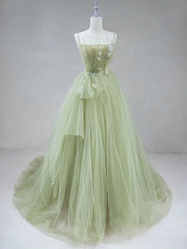 Chic / Beautiful Sage Green Beading Appliques Pleated Prom Dresses 2024 A-Line / Princess Spaghetti Straps Sleeveless Backless Sweep Train Formal Dresses