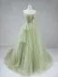 Chic / Beautiful Sage Green Beading Appliques Pleated Prom Dresses 2024 A-Line / Princess Spaghetti Straps Sleeveless Backless Sweep Train Formal Dresses