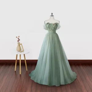 Romantic Leaf Sage Green Prom Dresses 2024 Tulle Off The Shoulder Sleeveless A Line Princess Formal Dresses