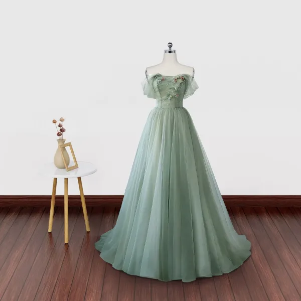 Romantyczny Liść Szałwia Zielony Sukienki Na Bal 2024 Tiulowe Przy Ramieniu Bez Rękawów Princessa Sukienki Wizytowe