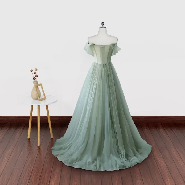 Romantic Leaf Sage Green Prom Dresses 2024 Tulle Off-The-Shoulder Sleeveless A-Line / Princess Formal Dresses
