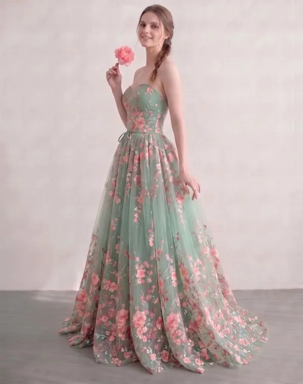Vert Cendré Amoureux Brodé Fleur Robe De Bal Sans Manches Longue Princesse Fée Des Fleurs Robe De Cérémonie