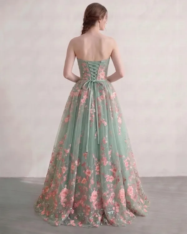 Vert Cendré Amoureux Brodé Fleur Robe De Bal Sans Manches Longue Princesse Fée Des Fleurs Robe De Cérémonie