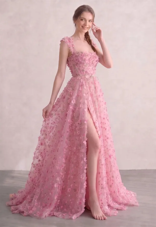 Blushing Pink 3D Lace Square Neckline Prom Dresses A-Line / Princess Sleeveless Fairytale Formal Dresses Split Front