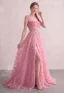 Blushing Pink 3D Lace Square Neckline Prom Dresses A-Line / Princess Sleeveless Fairytale Formal Dresses Split Front