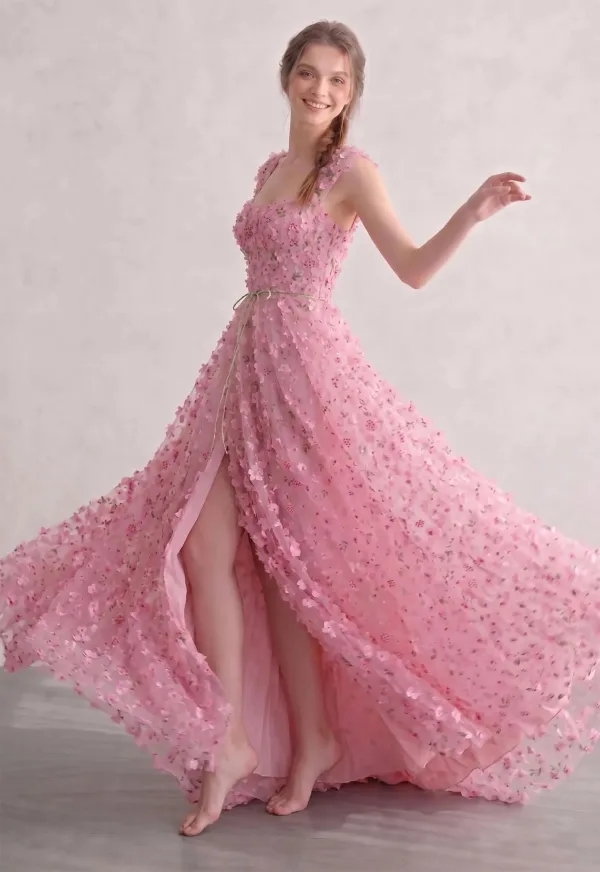 Blushing Pink 3D Lace Square Neckline Prom Dresses A-Line / Princess Sleeveless Fairytale Formal Dresses Split Front