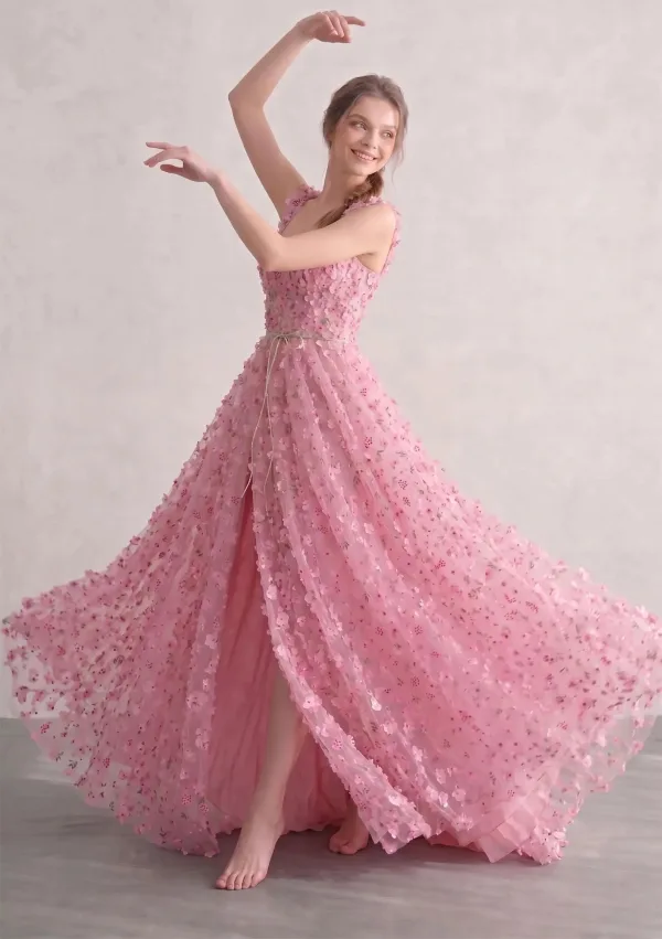 Blushing Pink 3D Lace Square Neckline Prom Dresses A-Line / Princess Sleeveless Fairytale Formal Dresses Split Front