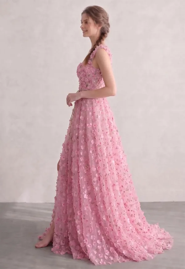 Blushing Pink 3D Lace Square Neckline Prom Dresses A-Line / Princess Sleeveless Fairytale Formal Dresses Split Front
