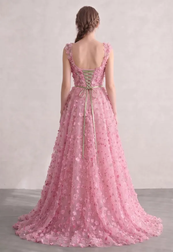 Blushing Pink 3D Lace Square Neckline Prom Dresses A-Line / Princess Sleeveless Fairytale Formal Dresses Split Front