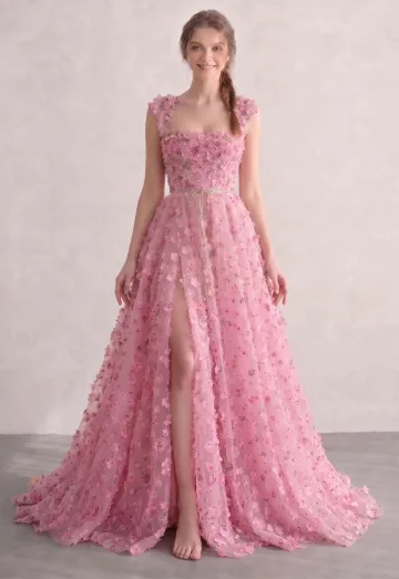 Blushing Pink 3d Lace Square Neckline Prom Dresses A Line Princess Sleeveless Fairytale Formal Dresses Split Front