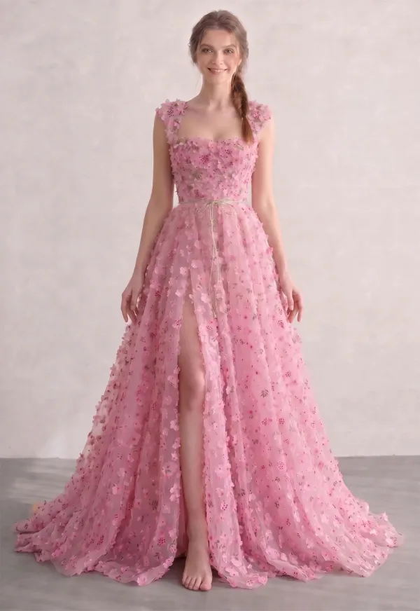 Blushing Pink 3D Lace Square Neckline Prom Dresses A-Line / Princess Sleeveless Fairytale Formal Dresses Split Front
