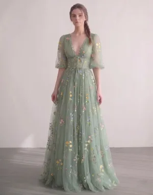 Blomsterfe Salvie Grøn Broderet Blomster Tulle Gallakjoler Dyb V Hals Kjoler