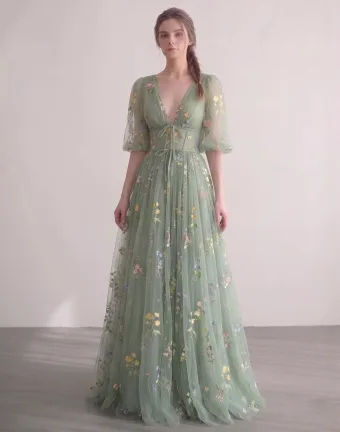 Flower Fairy Sage Green Embroidered Floral Tulle Prom Dresses Deep V Neck Formal Dresses