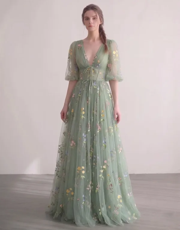 Fée Des Fleurs Vert Cendré Brodé Florale Tulle Robe De Bal Col v profond Robe De Cérémonie
