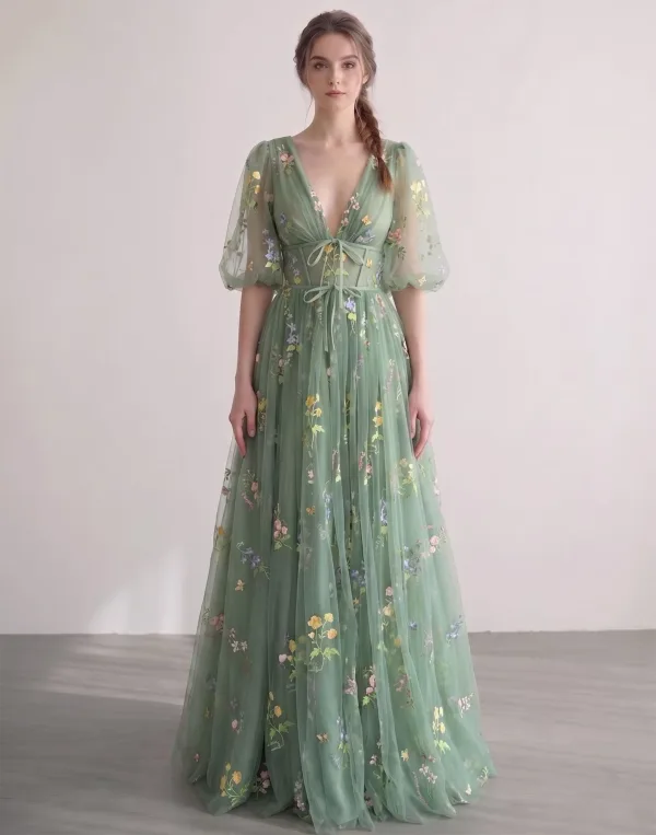 Fée Des Fleurs Vert Cendré Brodé Florale Tulle Robe De Bal Col v profond Robe De Cérémonie