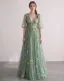 Fée Des Fleurs Vert Cendré Brodé Florale Tulle Robe De Bal Col v profond Robe De Cérémonie