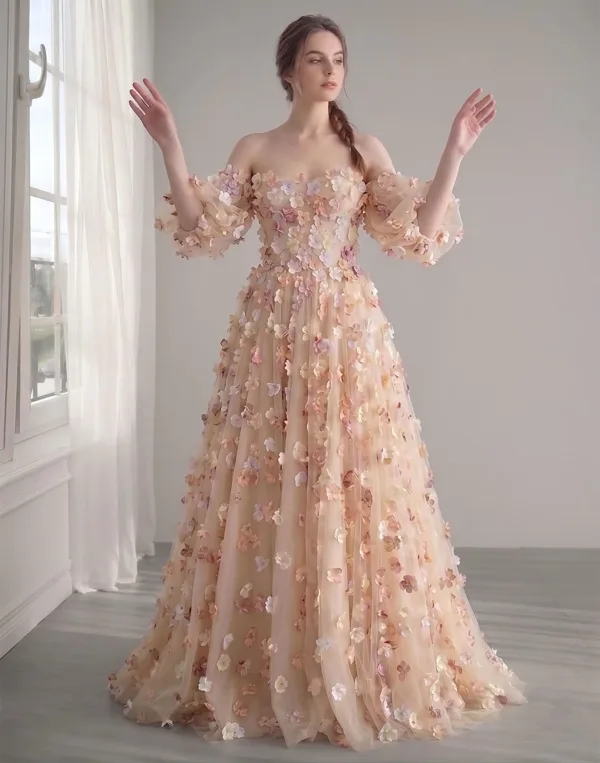 Fairytale Champagne 3D Lace Flower A-Line / Princess Prom Dresses Removable sleeves