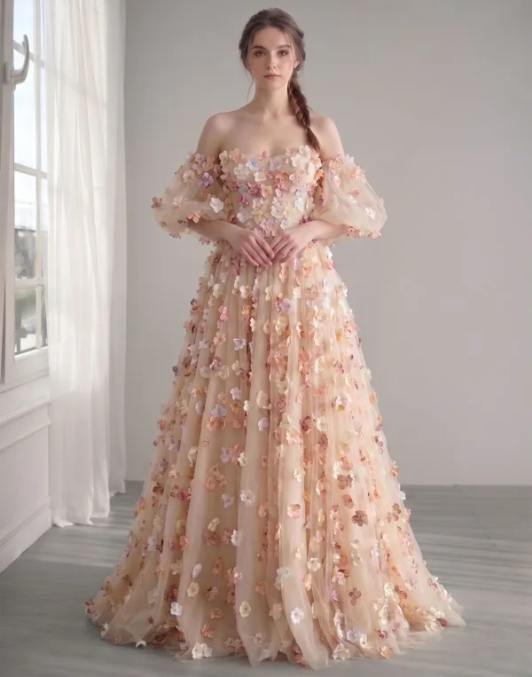 Fairytale Champagne 3D Lace Flower A-Line / Princess Prom Dresses Removable sleeves