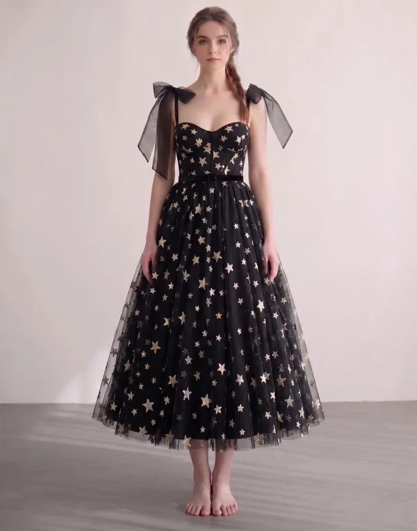 Stjernehimmel Sorte Guld Stjerne Gallakjoler Sweetheart Midi Prinsesse Graduation Kjoler 2026