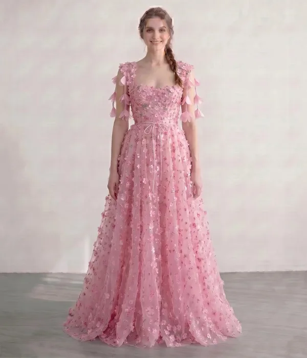 Flower Fairy Blushing Pink Tulle 3D Lace Floral Prom Dresses 2026 Sweetheart Sleeveless A-Line / Princess