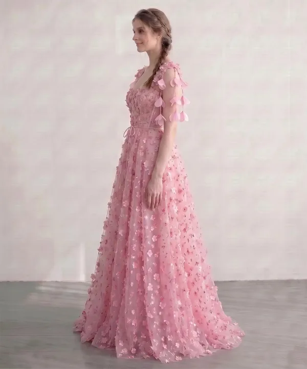 Flower Fairy Blushing Pink Tulle 3D Lace Floral Prom Dresses 2026 Sweetheart Sleeveless A-Line / Princess
