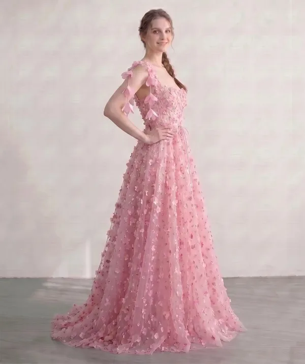 Flower Fairy Blushing Pink Tulle 3D Lace Floral Prom Dresses 2026 Sweetheart Sleeveless A-Line / Princess