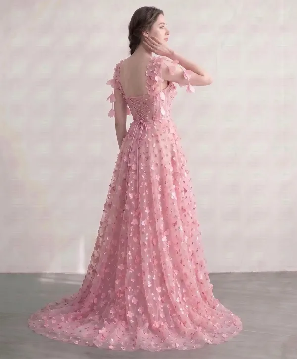 Flower Fairy Blushing Pink Tulle 3D Lace Floral Prom Dresses 2026 Sweetheart Sleeveless A-Line / Princess