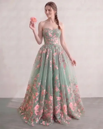 Vert Cendré Amoureux Brodé Fleur Robe De Bal Sans Manches Longue Princesse Fée Des Fleurs Robe De Cérémonie