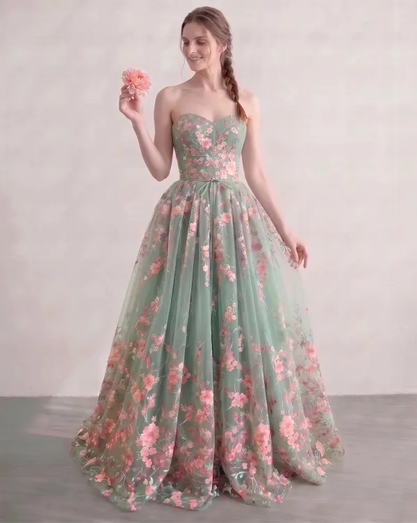 Vert Cendré Amoureux Brodé Fleur Robe De Bal Sans Manches Longue Princesse Fée Des Fleurs Robe De Cérémonie