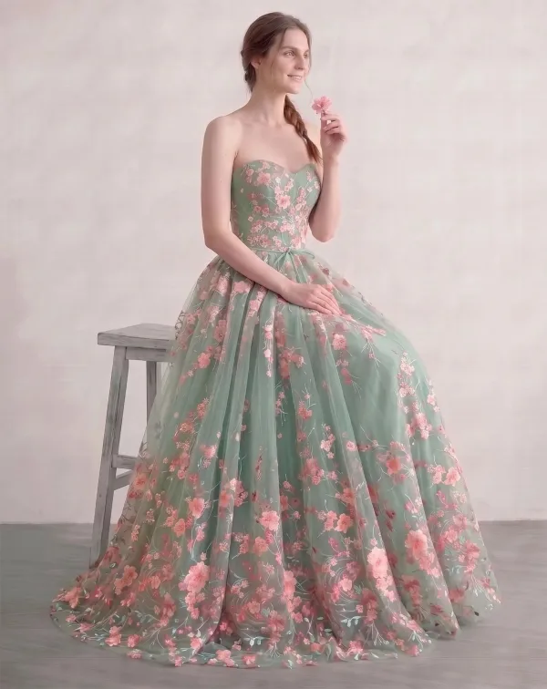 Vert Cendré Amoureux Brodé Fleur Robe De Bal Sans Manches Longue Princesse Fée Des Fleurs Robe De Cérémonie