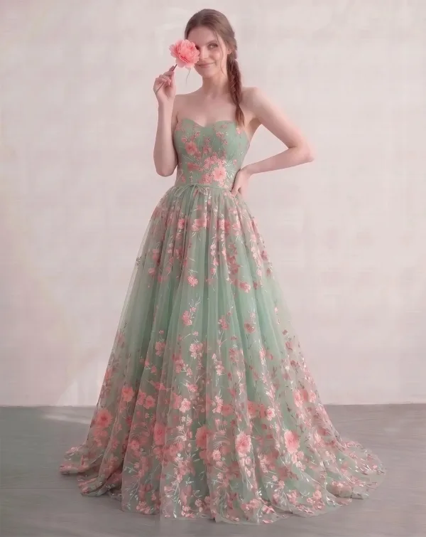 Vert Cendré Amoureux Brodé Fleur Robe De Bal Sans Manches Longue Princesse Fée Des Fleurs Robe De Cérémonie