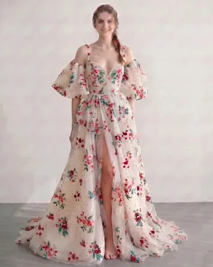 Sheer Beauty Champagne Embroidered Floral Prom Dresses V Neck Removable Sleeves Split Front 2026