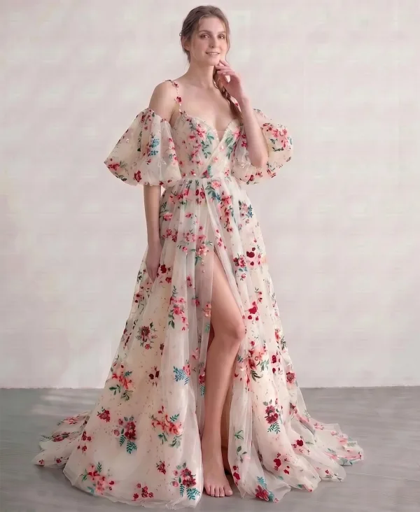Sheer Beauty Champagne Embroidered Floral Prom Dresses V-Neck Removable sleeves Split Front 2026