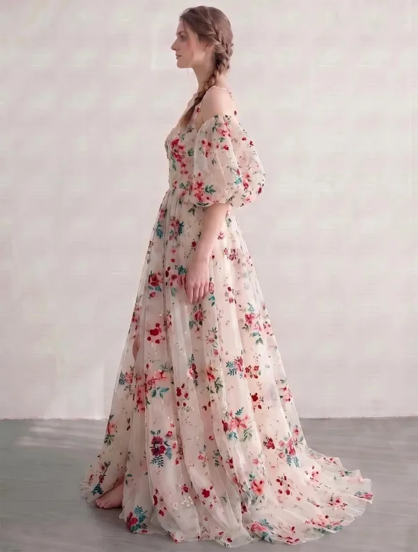 Sheer Beauty Champagne Embroidered Floral Prom Dresses V-Neck Removable sleeves Split Front 2026
