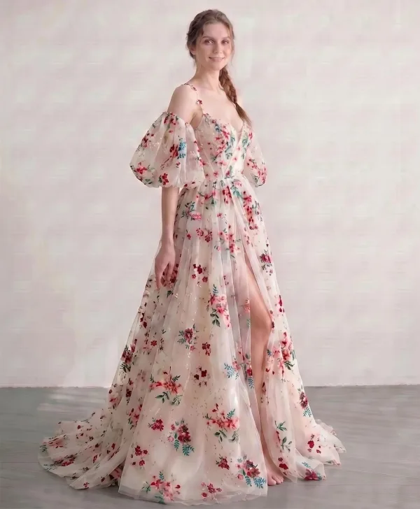 Sheer Beauty Champagne Embroidered Floral Prom Dresses V-Neck Removable sleeves Split Front 2026