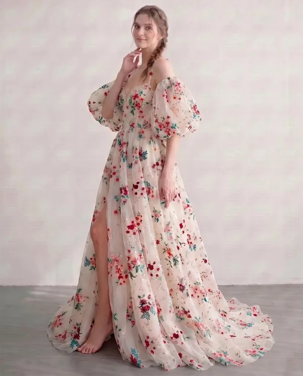 Sheer Beauty Champagne Embroidered Floral Prom Dresses V-Neck Removable sleeves Split Front 2026