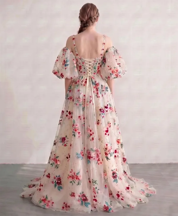 Sheer Beauty Champagne Embroidered Floral Prom Dresses V-Neck Removable sleeves Split Front 2026