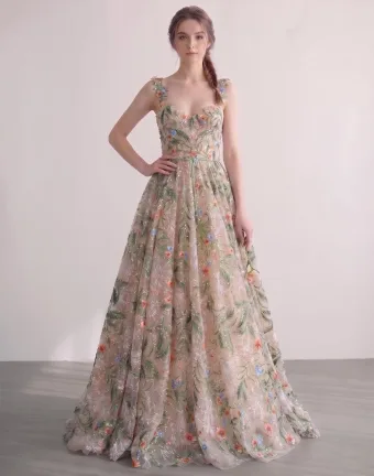Korset Top Broderet Blomsten Champagne Tulle Gallakjoler 2026 Prinsesse Lange Spaghetti Straps