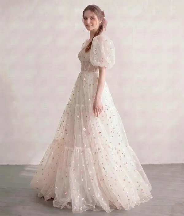 Korset-top Broderet Daisy Champagne Tulle Gallakjoler 2026 Prinsesse Sweetheart 1/2 De Las Mangas