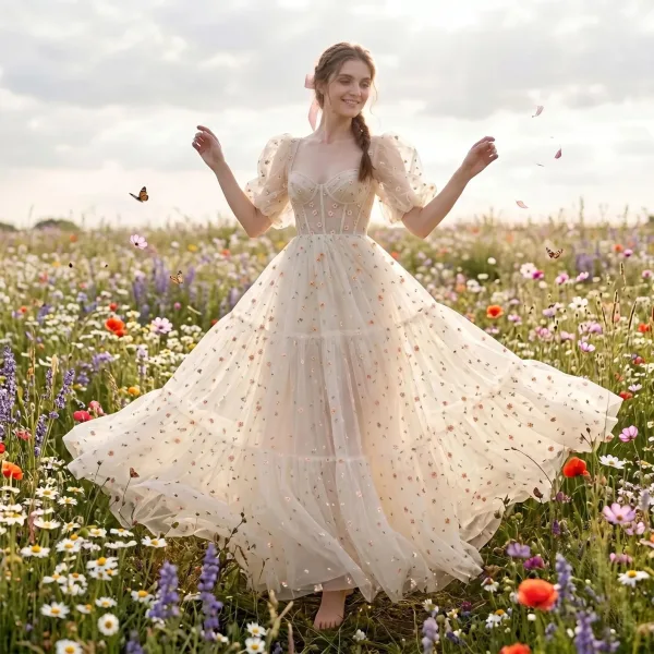 Korset-top Broderet Daisy Champagne Tulle Gallakjoler 2026 Prinsesse Sweetheart 1/2 De Las Mangas