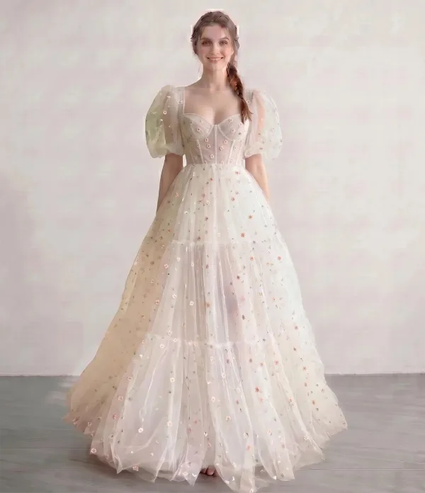 Korset-top Broderet Daisy Champagne Tulle Gallakjoler 2026 Prinsesse Sweetheart 1/2 De Las Mangas