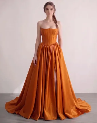 Corset Bodice Ruffle Orange Satin Split Front Prom Dresses 2026 A Line Princess Sweep Train Sleeveless