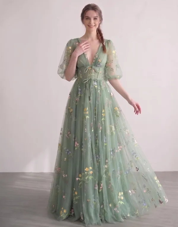 Fée Des Fleurs Vert Cendré Brodé Florale Tulle Robe De Bal Col v profond Robe De Cérémonie