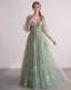 Fée Des Fleurs Vert Cendré Brodé Florale Tulle Robe De Bal Col v profond Robe De Cérémonie